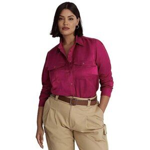 Ralph Lauren Plus Size Satin Long Sleeve Buttoned Top Fuchsia Pink 2X NWT